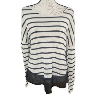 American Rag Women's Size Large Black White Striped Back Sheer Panel Top